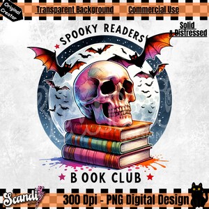 May include: A colorful illustration of a skull sitting on top of a stack of books with bats flying around a full moon. The text "Spooky Readers" and "Book Club" are featured in the design.