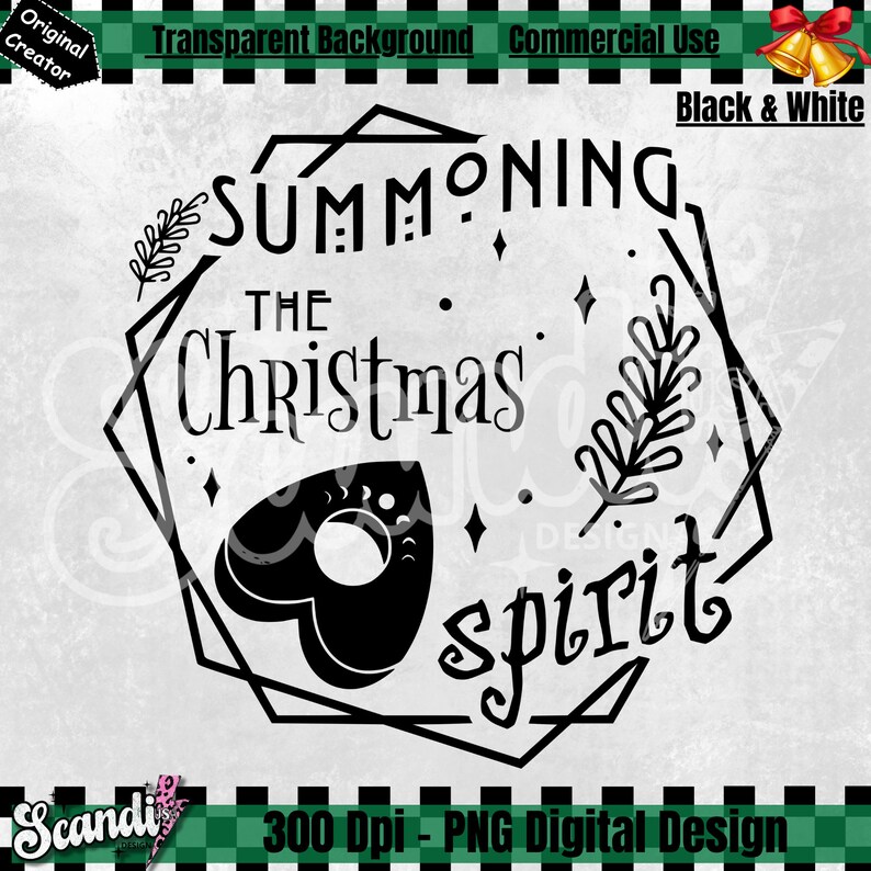 May include: Black and white digital design featuring a geometric frame with the text "Summoning the Christmas spirit" and a black and white illustration of a Ouija board planchette.