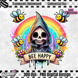 Bee Happy PNG | Trending Clipart | Snarky Skeleton Sublimation PNG | Funny Mental Health Anxiety Uv DTF Transfer Design | Sticker | Mug image 1