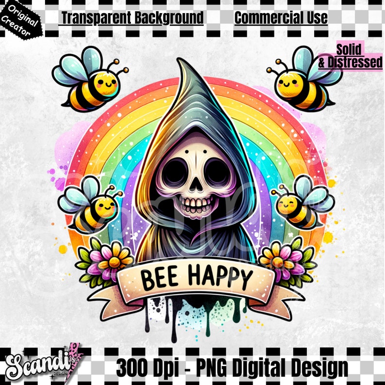 Bee Happy PNG | Trending Clipart | Snarky Skeleton Sublimation PNG | Funny Mental Health Anxiety Uv DTF Transfer Design | Sticker | Mug image 1