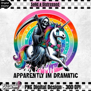 Könnte beinhalten: Eine digitale Illustration des Sensenmanns, der auf einem Regenbogen-Einhorn reitet. Der Hintergrund ist ein Regenbogen mit Sternen. Der Text "APPARENTLY IM DRAMATIC" befindet sich am unteren Rand des Bildes.