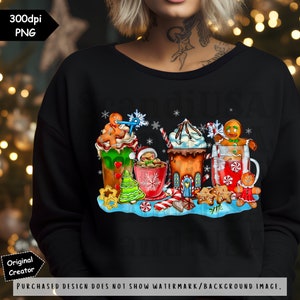 May include: A digital illustration of a variety of Christmas-themed hot beverages, including hot chocolate, peppermint mocha, and gingerbread latte. The beverages are decorated with festive toppings like whipped cream, candy canes, and gingerbread cookies.