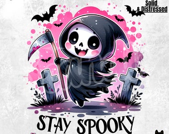 Stay Spooky PNG | Cute Halloween Clipart | Spooky Skeleton Sublimation Design | Dancing Grim Reaper Graveyard DTF Transfer Design