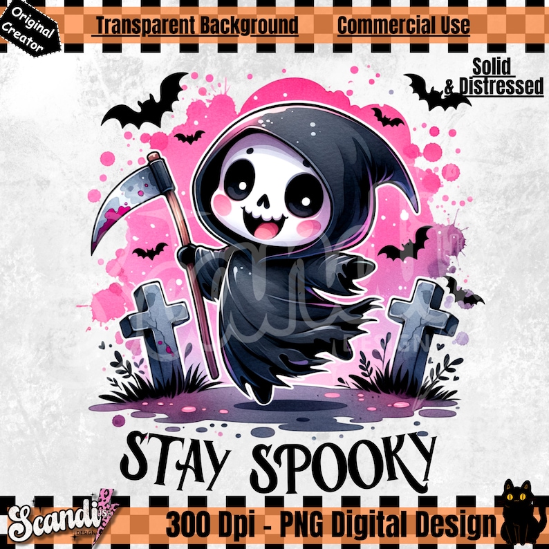 May include: A digital illustration of a cute Grim Reaper character in a black hooded robe, holding a scythe. The image has a pink and gray color scheme with bats, tombstones, and the text "STAY SPOOKY".
