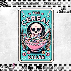 La carta de tarot divertida del asesino de cereales PNG / Sublimación de esqueleto sarcástico / Cráneo PNG / Tarot brujo PNG / Amante del crimen verdadero / Cráneo brujo