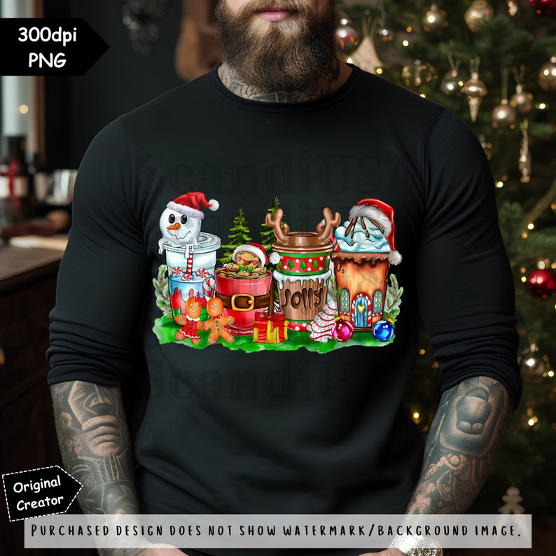 May include: A black long-sleeved shirt with a Christmas-themed design featuring a snowman, gingerbread man, and various holiday-themed cups. The cups are decorated with red and green stripes, snowflakes, and the word "Jolly".