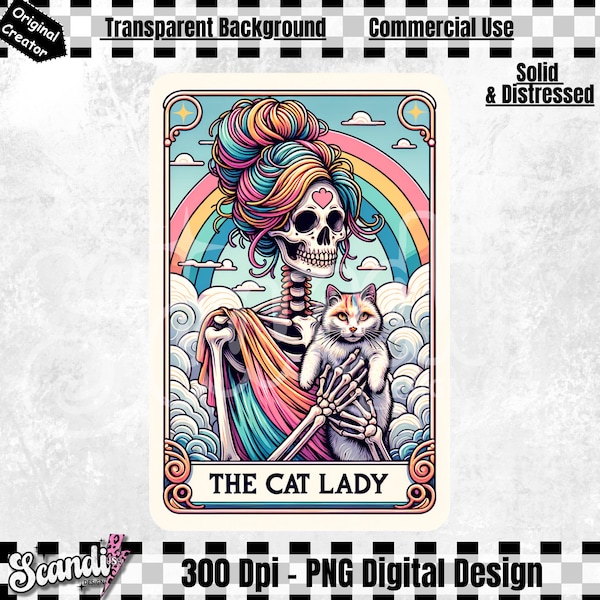 The Cat Lady Tarot Card PNG | Skeleton Sublimation | Cat Woman Funny Cat Lover | Skull Tarot T-shirt Mug Tote | Digital Download | DTF PNG