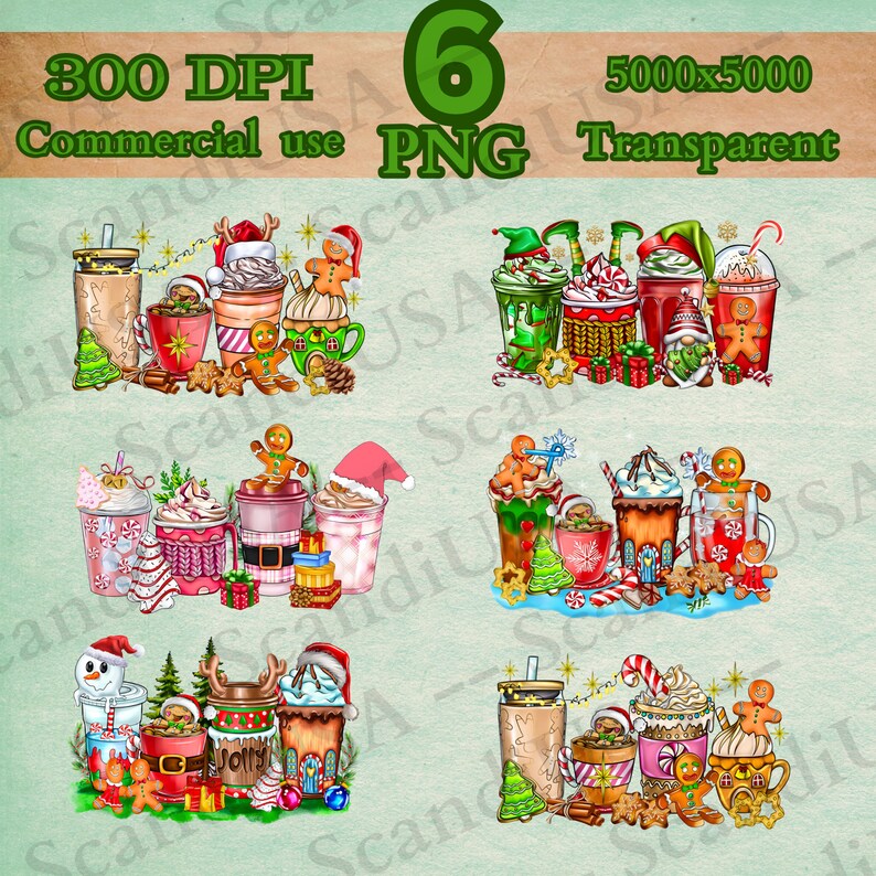 May include: Six digital illustrations of Christmas-themed hot beverages, each featuring a different design. The illustrations include gingerbread men, candy canes, and Christmas trees.