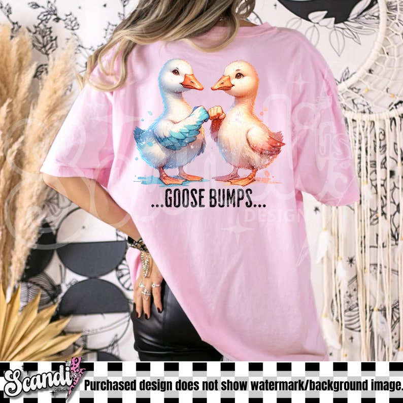 May include: Pink t-shirt with a graphic of two cartoon geese with the text "...GOOSE BUMPS..." printed on the back.