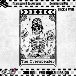 Tarot divertido El gastador excesivo - PNG - Carta del Tarot PNG - Dinero PNG - Esqueleto divertido - Magia del dinero - Shopaholic png - Presupuesto - Brujería de billetera