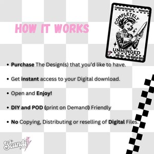 Op de afbeelding: Een digitaal downloadbaar grafisch ontwerp met een getatoe&euml;erde vrouw die een mes vasthoudt. Het ontwerp is zwart-wit met de tekst "Compleet Ontketend" en "300 Dpi - PNG Digitaal Ontwerp".