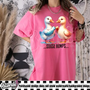 May include: A pink t-shirt with a graphic of two cartoon geese with the text "...GOOSE BUMPS..." printed on the front.