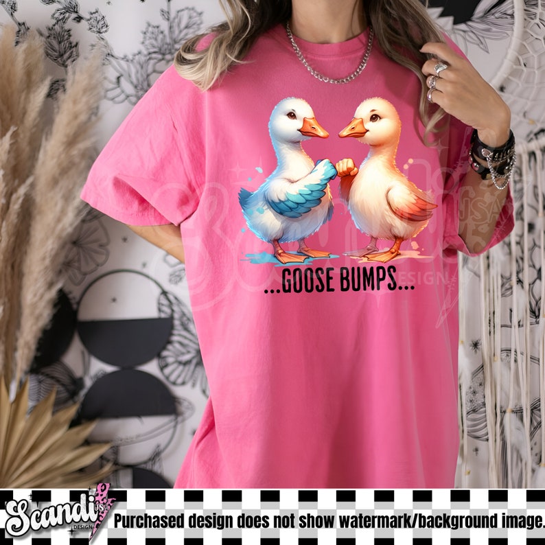 May include: A pink t-shirt with a graphic of two cartoon geese with the text "...GOOSE BUMPS..." printed on the front.