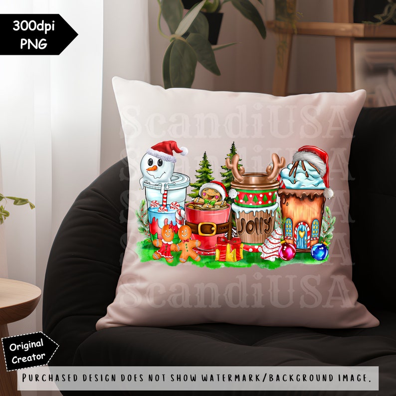 May include: A Christmas-themed pillow featuring a snowman, gingerbread people, and a variety of holiday-themed drinks in mugs and cups. The design is colorful and whimsical, with red, green, and white accents.