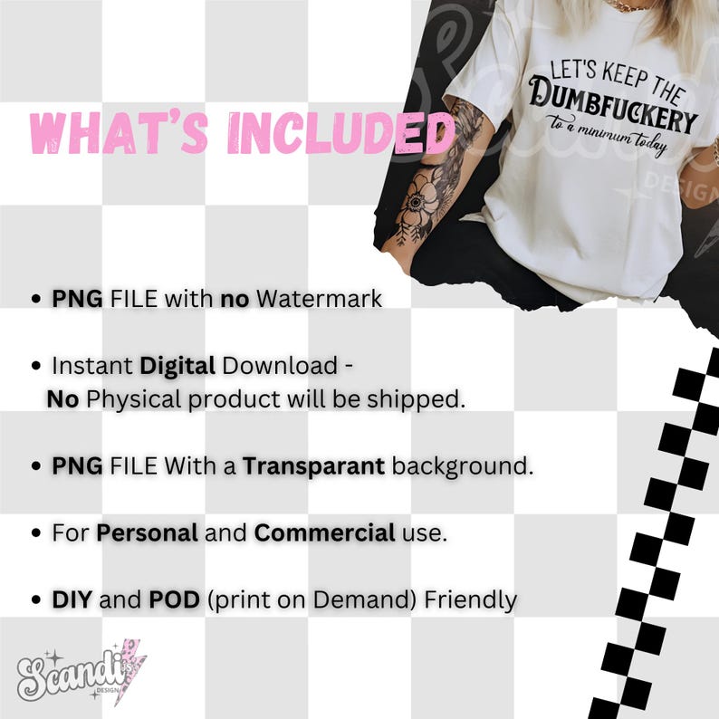 Op de afbeelding: Een digitaal downloadbaar grafisch ontwerpbestand voor een T-shirt met de tekst "Let's keep the Dumbfuckery to a minimum today". De grafiek is in zwarte tekst op een witte achtergrond. De afbeelding bevat ook een lijst met wat er in de download is inbegrepen, zoals een PNG-bestand zonder watermerk, een transparante achtergrond en persoonlijk en commercieel gebruik.