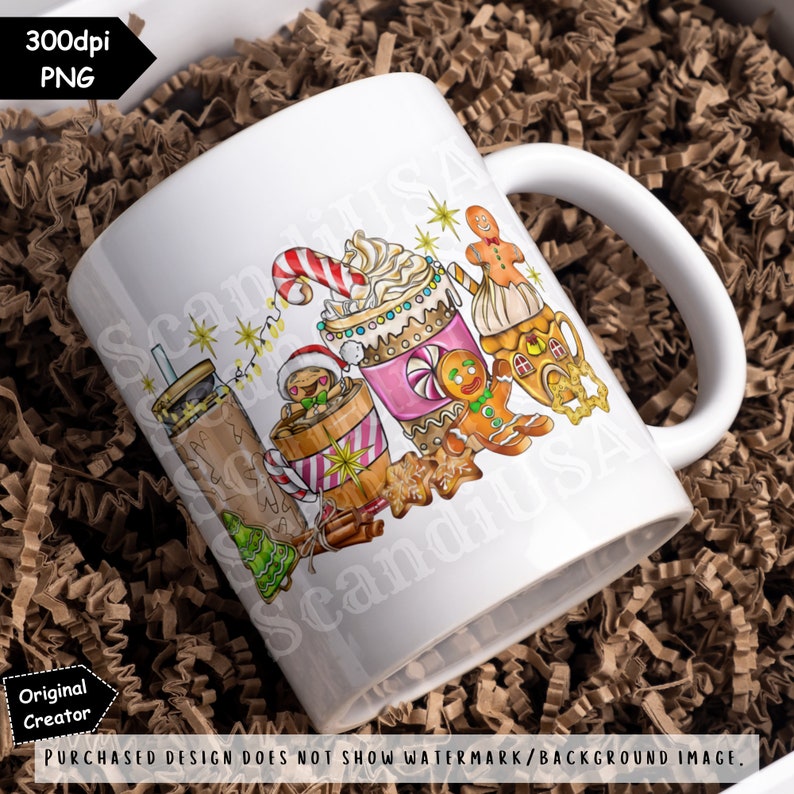 May include: White ceramic mug with a colorful illustration of various winter beverages, including hot chocolate, coffee, and gingerbread cookies. The illustration includes a gingerbread house, candy canes, and cinnamon sticks.