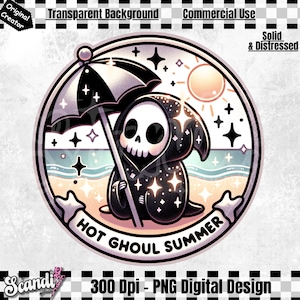 Puede incluir: Un dise&ntilde;o digital circular con una caricatura de la muerte en una playa bajo una sombrilla. La muerte es negra con una calavera blanca, y el dise&ntilde;o incluye el texto "HOT GHOUL SUMMER". El fondo es una escena de playa con estrellas y un sol.
