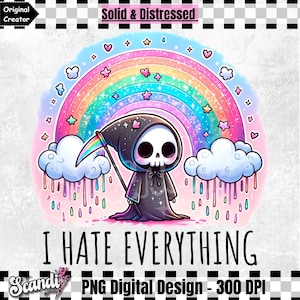 Odio todo lo pastel PNG, clipart divertido de la Parca, diseño de sublimación de esqueleto sarcástico, descarga digital de la Parca, arcoíris sarcástico