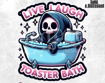 Imagem PNG de torradeira "Viva, Ria" para banho | Clipart sarcástico da Morte | Sublimação | Camiseta fofa da Morte | Caveira sarcástica | DTF | Camiseta engraçada