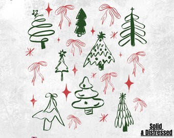 May include: A digital design featuring hand-drawn Christmas trees in green, red bows, and red starbursts on a white background. The text "Transparent Background Commercial Use" and "300 Dpi - PNG Digital Design" are visible.