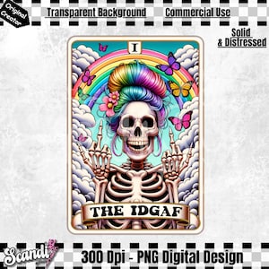 A carta de tarô engraçada IDGAF PNG | Esqueleto Jurado Sarcástico | Design de sublimação moderno de caveira | Sassy do Tarot Camiseta | Dedo Médio | DTF