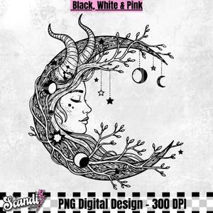 Crescent moon Horned Goddess PNG Witchy Vibes, Spirit hour, Moon Clipart, Magical Shirt design, Boho Witch Horned god, Celestial whimsical