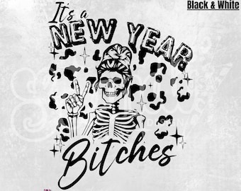 Funny New Year Skeleton PNG – Black & White Graphic (Digital Download)