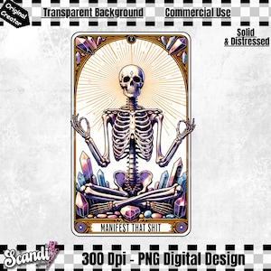 Grappige tarotkaart Manifest dat sh*t PNG | Sereniteit en sh*t | Sarcastisch skelet Volwassen humor | DTF-sublimatie | Mok Tote Sticker Telefoonhoesje