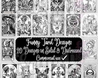 May include: A set of 20 black and white tarot card designs featuring skeletons in various poses and settings. The cards are labeled with humorous names like "The Zero of Fucks", "True Crime Junkie", "The Mom", and "The Plant Lover".