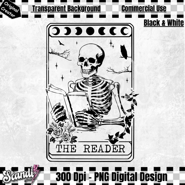 Tarot Card The Reader PNG - Book Lover PNG - Booktrovert - The reader - Reading PNG -skeleton reaing - Witch Tarot