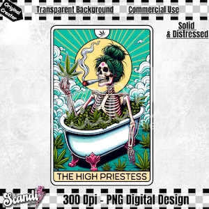La carta del tarot de la suma sacerdotisa PNG / Divertida sublimación de cannabis 420 / Esqueleto brujo / Camiseta fumadora de marihuana / Taza PNG / Marihuana PNG