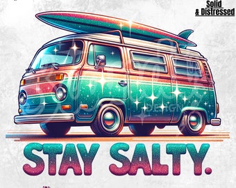 Stay Salty Retro PNG / Funny Summer vibes Clipart / Hippie van Sublimation / Vacaciones de verano DTF / Salty Beach Shirt / Mug Tote PNG