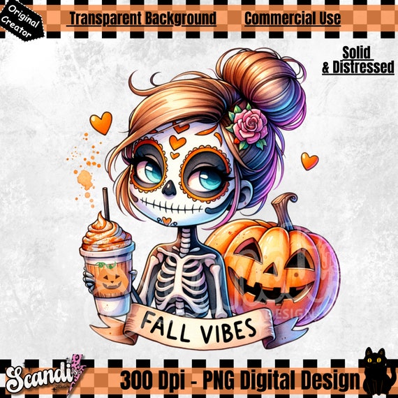 Cute Fall Vibes PNG, Skeleton Halloween Clipart, Fall Coffee Sublimation Design, Pumpkin Spice DTF Transfer Design, Tumbler Wrap, Sticker