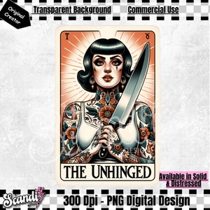 Carta de tarô The Unhinged PNG | Garota retrô desequilibrada PNG | Design gráfico de camiseta com tatuagem retrô vintage | Saúde mental engraçada | Sublimação DTF