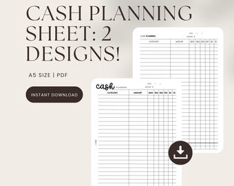 May include: Two printable cash planning sheets in A5 size. Each sheet has a column for date, category, amount, and a grid for tracking expenses. The sheets are black and white with a simple design.