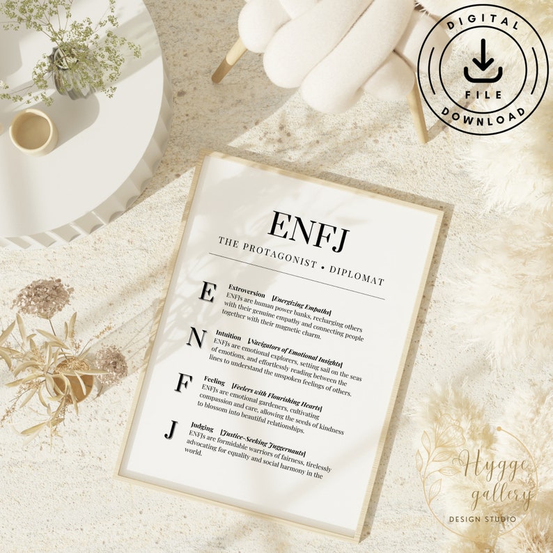 May include: A printable digital download of a personality type chart for ENFJ, the Protagonist Diplomat. The chart is white with black text and outlines the personality traits of ENFJs, including Extroversion, Intuition, Feeling, and Judging.