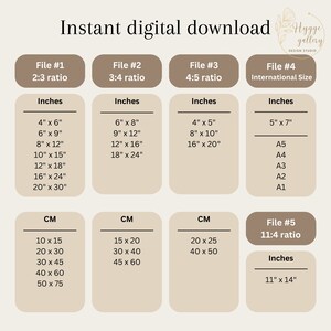 May include: A chart with different file sizes and aspect ratios for digital downloads. The chart includes measurements in inches and centimeters. The file sizes are 2:3, 3:4, 4:5, 11:4, and international sizes like A5, A4, A3, A2, and A1.