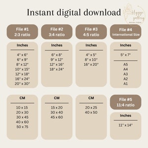 May include: A chart with different file sizes and aspect ratios for digital downloads. The chart includes measurements in inches and centimeters. The file sizes are 2:3, 3:4, 4:5, 11:4, and international sizes like A5, A4, A3, A2, and A1.