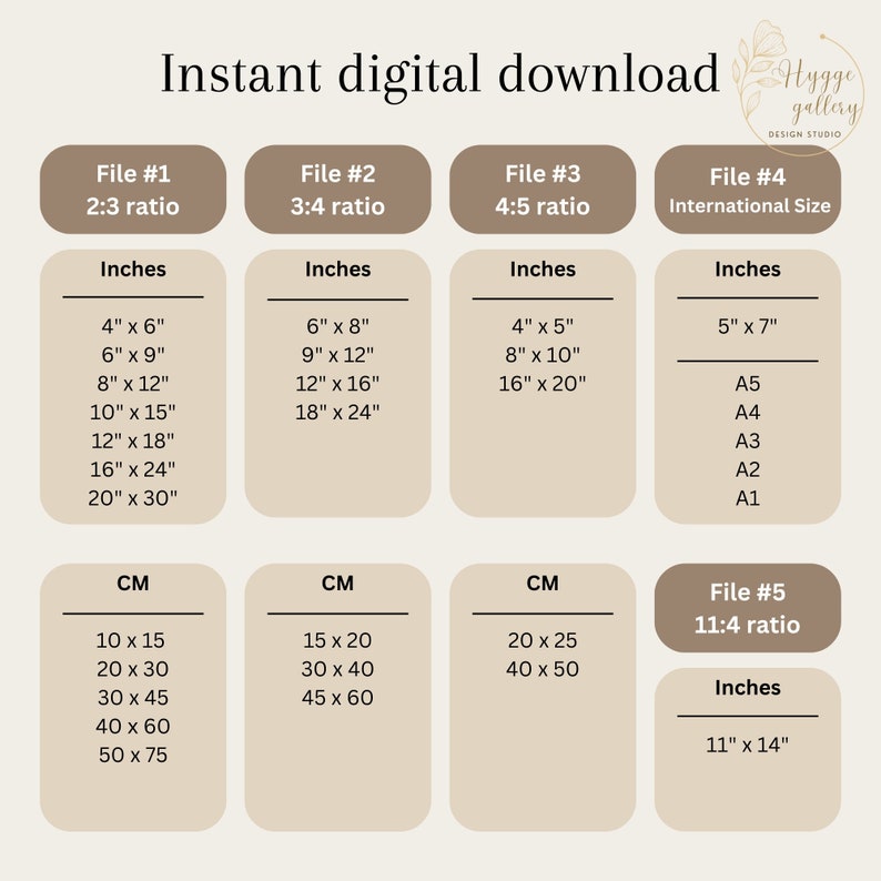 May include: A chart with different file sizes and aspect ratios for digital downloads. The chart includes measurements in inches and centimeters. The file sizes are 2:3, 3:4, 4:5, 11:4, and international sizes like A5, A4, A3, A2, and A1.