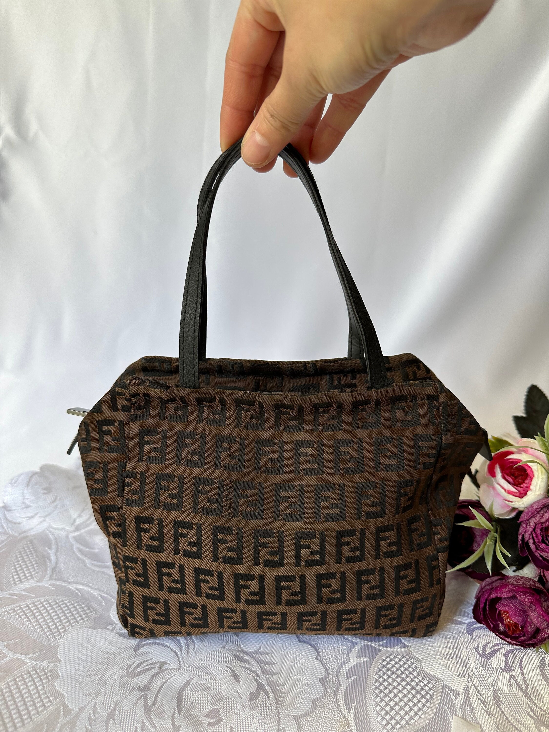 Fendi Mini Baguette Bag In FF Motif Fabric Brown