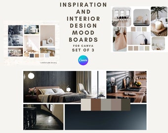 May include: A set of three digital interior design mood boards for Canva featuring various room layouts, furniture, and color palettes. The text reads INSPIRATION AND INTERIOR DESIGN MOOD BOARDS FOR CANVA SET OF 3, with a Canva logo and the text comfortable luxury.
