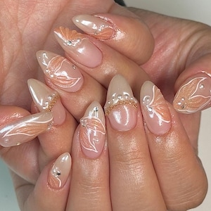Reusable 3D Pearl Mermaid Chain Gold Chrome Press On Nail Luxury Press On Y2K Trending Nail art Summer Nail Spring Nail Ideas Nail Inspo
