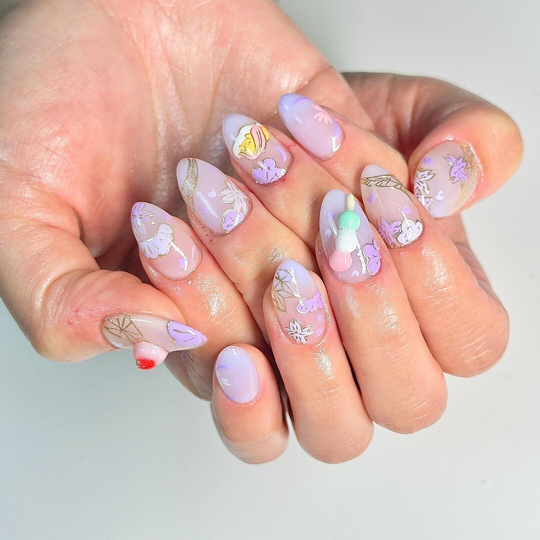 Reusable Japanese Dango Luxury Press on Purple Floral Flower Nails Food ...