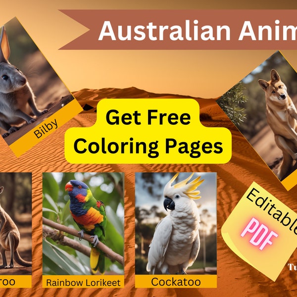AUSTRALIAN ANIMALS • 64 Editable Montessori Cards • Flash Cards Nomenclature FlashCards PDF Printable Geography Get Free Coloring Pages