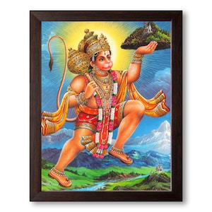 Lord Hanuman/Bajrangbali Flying with Dronagiri Mountain Painting, HD Printed Religious & Decor Poster Painting with Frame.