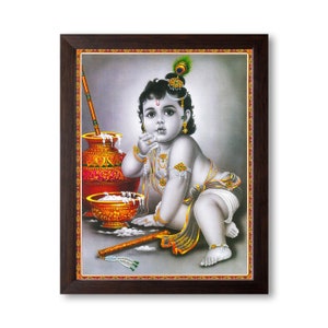 Bal Gopal / Baal Krishna Eating Butter, HD Printed Religious & Decor Picture Painting with Frame for Home and Other.