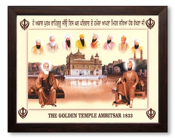 Sikh Gurus and Golden Temple HD Print – Religious Wall Decor Painting with Brown Frame