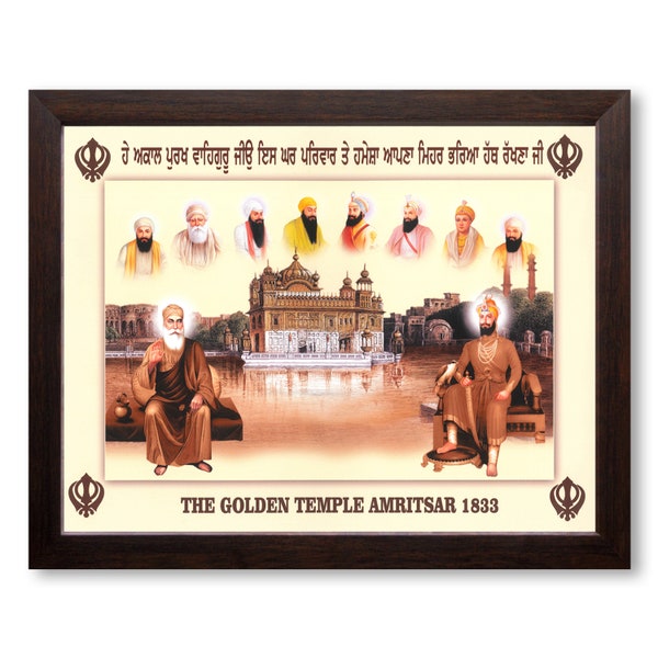 Ten Sikh Gurus and Golden Temple, HD Printed Religious & Wall Decor Picture Painting  with Plain Brown Frame.