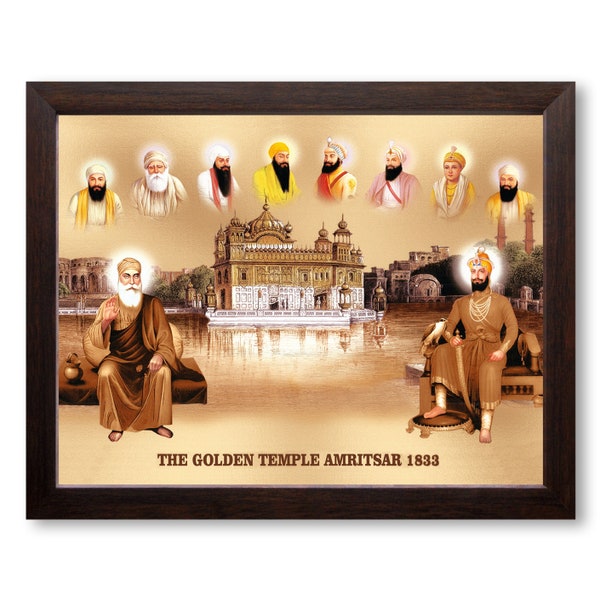 All Ten Sikh Gurus and 1833 Golden Temple, HD Printed Religious & Decor Picture Painting with Plain Brown Frame.