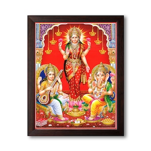 Poster decorativo e religioso con stampa HD della dea Lakshmi con la dea Saraswati e il signore Ganesha, con cornice.